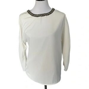 Ann Taylor Crew Jeweled Neck White Top Size M